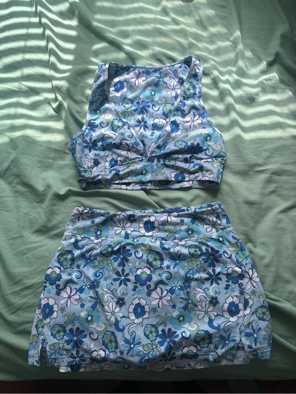 Floral Blue Two-Piece Active Set - Crop Top & Skort